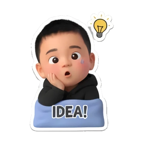 Boy thinking with lightbulb and IDEA! text Little Boy Daily Vibes sticker for expressive chats and social replies.