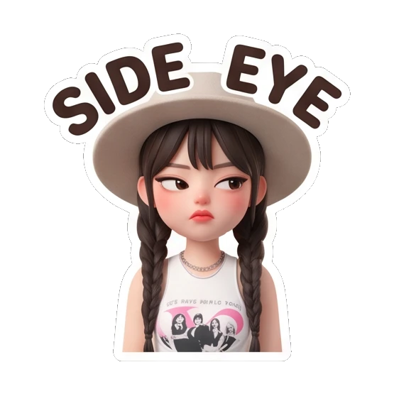Girl in hat giving side eye with text SIDE EYE Chic Hat Girl Expressions sticker for expressive chats and social replies.