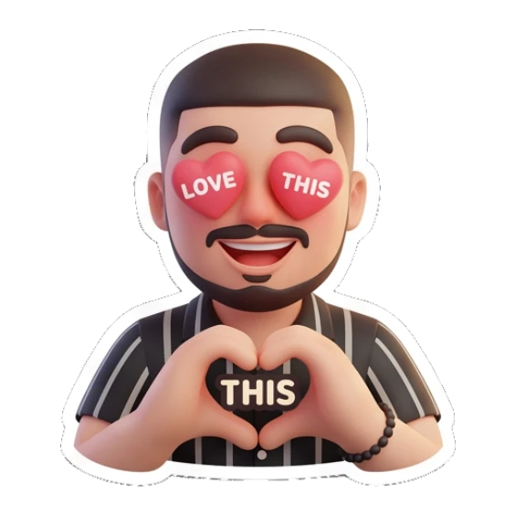 Bearded man making a heart shape with hands and 'LOVE THIS' text. Modern Bearded Guy sticker for expressive chats and social replies.