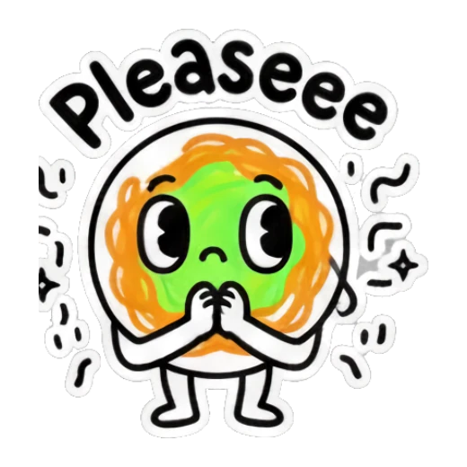 Spaghetti character looking hopeful with 'Pleaseee' text. Spaghetti Doodle Pals sticker for expressive chats and social replies.