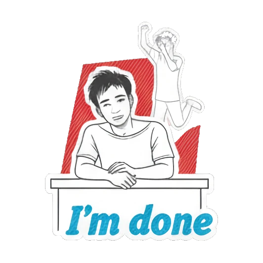 Young man looking exhausted at a desk with text I'm done. Daily Moods of a Young Man sticker for expressive chats and social replies.