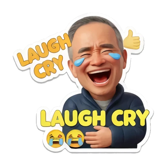 Man laughing hysterically with tears saying 'LAUGH CRY' Cheerful Middle-Aged Gentleman sticker for expressive chats and social replies.