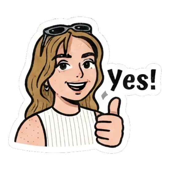 Girl smiling and giving a thumbs up, text 'Yes!' Retro Comic Girl Expressions sticker for expressive chats and social replies.