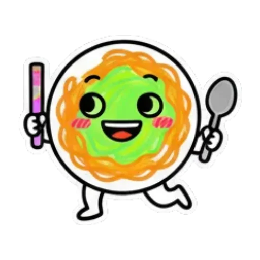角色手拿餐具奔跑。 Cute Foodie Expressions sticker for expressive chats and social replies.