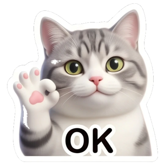 Grey cat waving paw with OK text Cute Grey Tabby Expressions sticker for expressive chats and social replies.