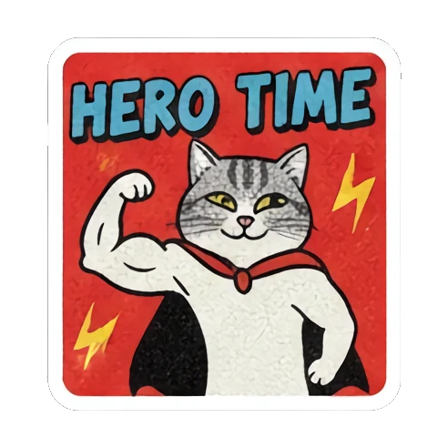 Hero cat, cape Retro Cat Reactions sticker for expressive chats and social replies.