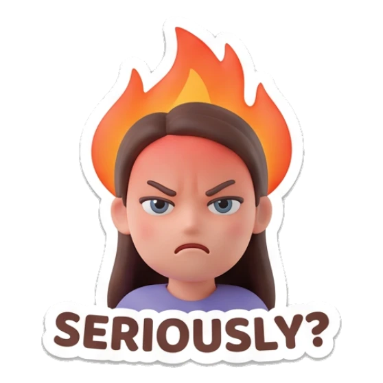 Girl looking angry with fire above head and Seriously text Cheerful Girl Daily Expressions sticker for expressive chats and social replies.