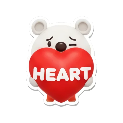 Polar bear cub hugs a giant heart with HEART text, eyes closed. Cheerful Polar Bear Cub sticker for expressive chats and social replies.