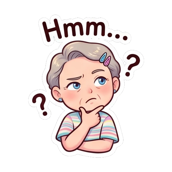 Grandma thinking deeply with a hand on her chin. Cheerful Grandma Adventures sticker for expressive chats and social replies.