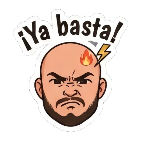 Bald man looking angry with a lightning bolt, text Ya basta Bald Guy Daily Vibes sticker for expressive chats and social replies.