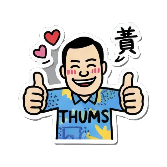 Man gives double thumbs up with 'THUMS' text and hearts. Mahjong Master Daily sticker for expressive chats and social replies.