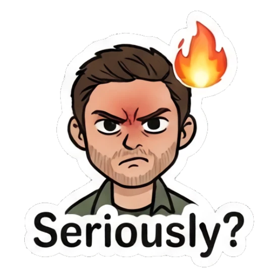 Man looking angry with a fire symbol above his head Everyday Guy Expressions sticker for expressive chats and social replies.