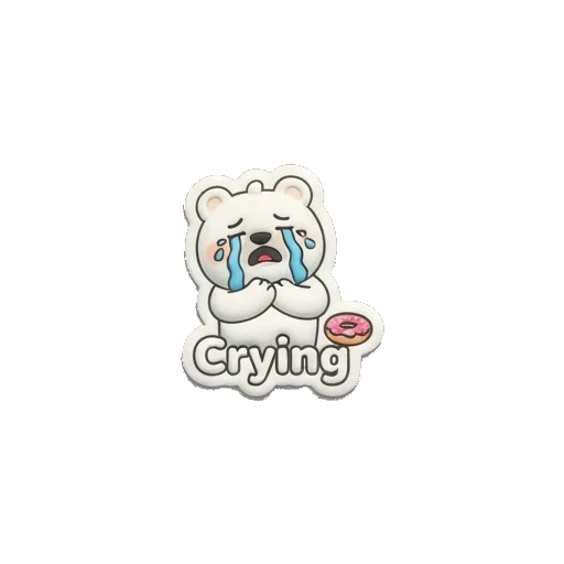 White bear crying with blue tears, holding a donut, text says Crying. Puffy Donut Bear sticker for expressive chats and social replies.