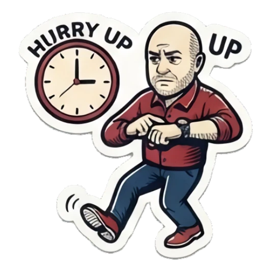 Bald man looking at his watch in a rush, text HURRY UP Bald Guy Daily Vibes sticker for expressive chats and social replies.