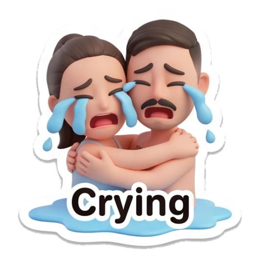 Couple hugging and crying with text Crying Our Daily Vibes sticker for expressive chats and social replies.