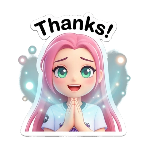 Pink-haired girl praying with sparkling background and text Thanks! Pinky Pop Adventures sticker for expressive chats and social replies.