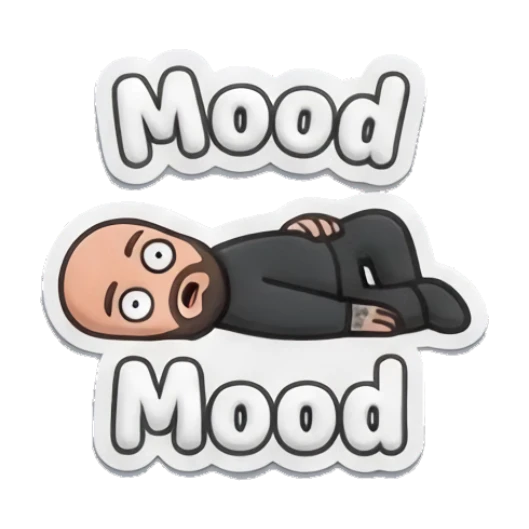 Bearded man lying on floor in a mood, text Mood Bearded Buddy Daily Vibes sticker for expressive chats and social replies.