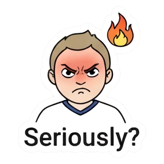An angry boy with a flame icon above his head. Daily Life of a Cartoon Boy sticker for expressive chats and social replies.