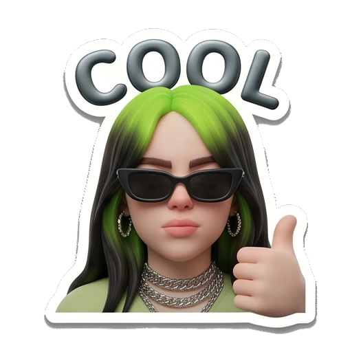 Billie character wearing sunglasses with COOL text, confident Billie Eilish 3D Expressions sticker for expressive chats and social replies.