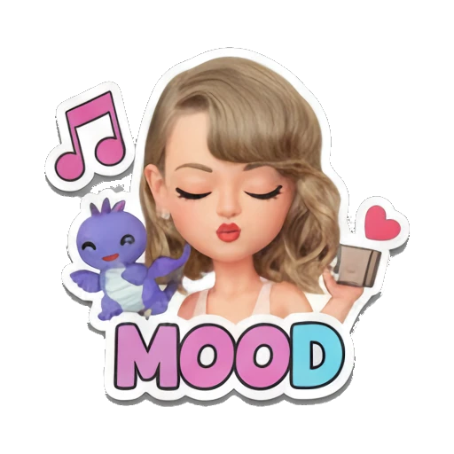 Blonde girl blowing a kiss with a purple dragon, MOOD text. Taylor Style 3D Adventures sticker for expressive chats and social replies.