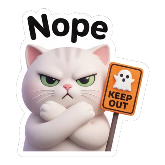 White cat crossing arms and holding a Keep Out sign saying Nope. Whimsical White Cat Adventures sticker for expressive chats and social replies.
