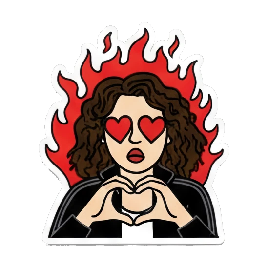 Curly-haired girl making a heart shape with hands surrounded by fire with text LOVE THIS Curly Hair Girl Daily Vibes sticker for expressive chats and social replies.