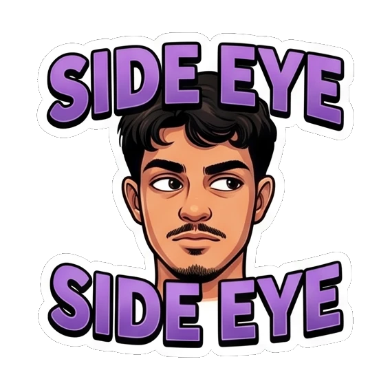 Young man giving a side-eye look with 'SIDE EYE' text. Cool Guy Daily Vibes sticker for expressive chats and social replies.